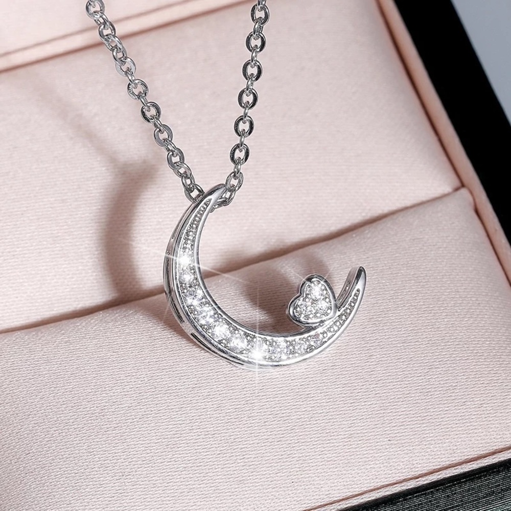 New Beautiful 925 Silver Moon Heart Diamond Necklace - Picture 5 of 6